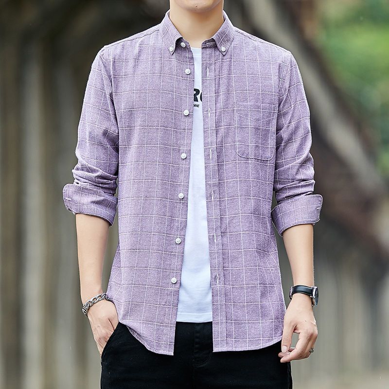新款格子牛津布男士秋季长袖衬衫修身韩版学生休闲男装中青年衬衣