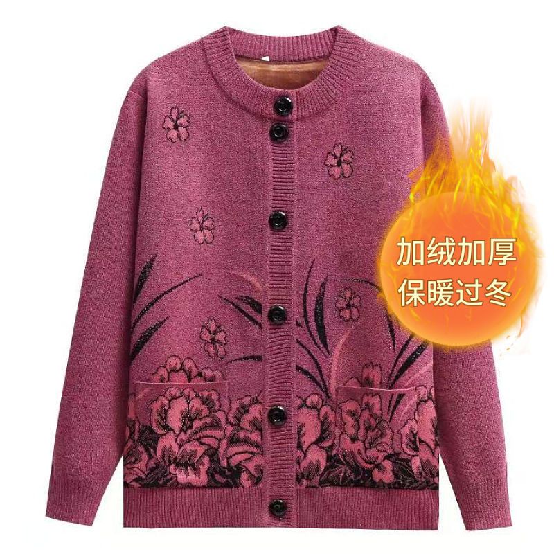 中老年人女装秋冬加绒加厚针织衫妈妈装毛衣外套春装奶奶开衫70岁