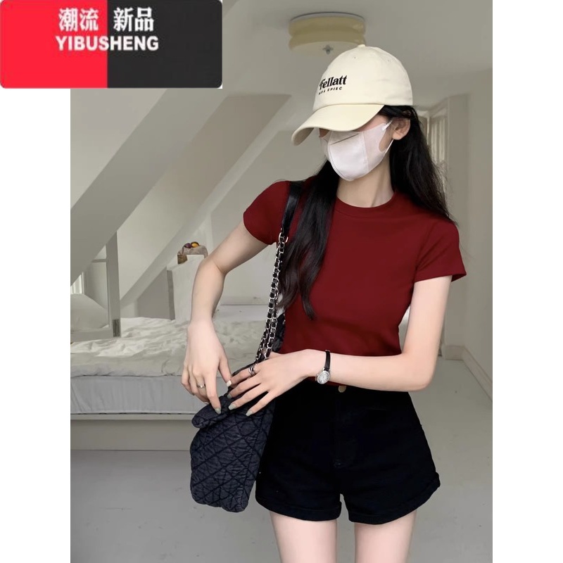 YIBUSHENG黑色正肩圆领t恤女简约基础款上衣季修身美式辣妹短款chic短h高清大图