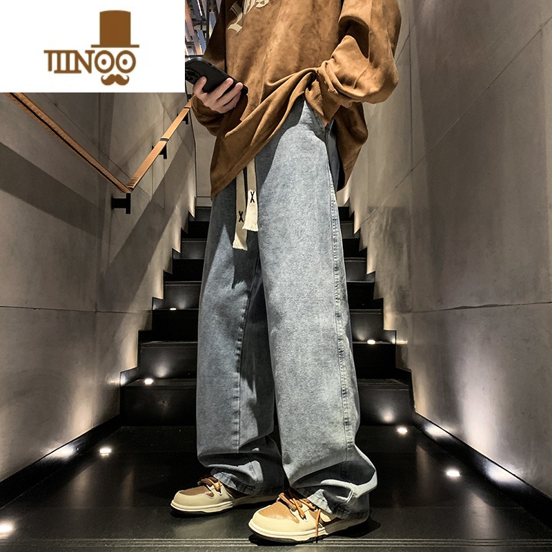 YANXU牛仔裤男秋季新款水洗做旧美式vibe高街痞帅大码宽松直筒休闲长做高清大图