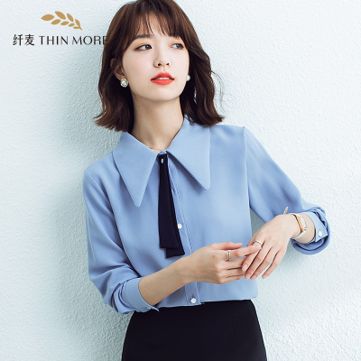 纤麦2022春季新品蓝色雪纺衫女2022长袖宽松百搭小众系带简约上衣