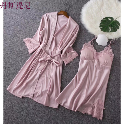 结婚性感睡衣女夏季带睡裙两件套带胸垫丝绸酒红家居服春秋夏天