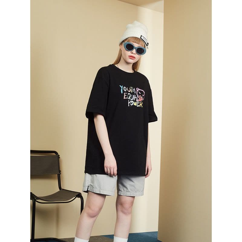 唐狮春夏新款黑色短袖T恤女宽松潮酷内搭yep联名白色全棉上衣图片