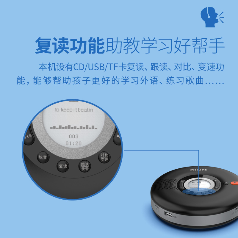 飞利浦复读机 EXP5108 黄色+词典笔64G 2023新款便携英语听力学习CD播放机发烧级随身听双向蓝牙连接跟读变速高清大图