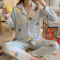 睡衣女春秋月子服纽扣开衫长袖可爱韩版学生可外穿女士家居服套装衫伊格 NNS【绿底凤梨】 M码（建议80-95斤）