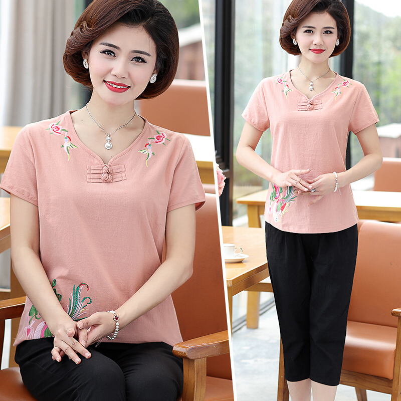 妈妈夏装气质套装棉麻上衣中年40岁50中老年女亚麻两件套洋气短袖