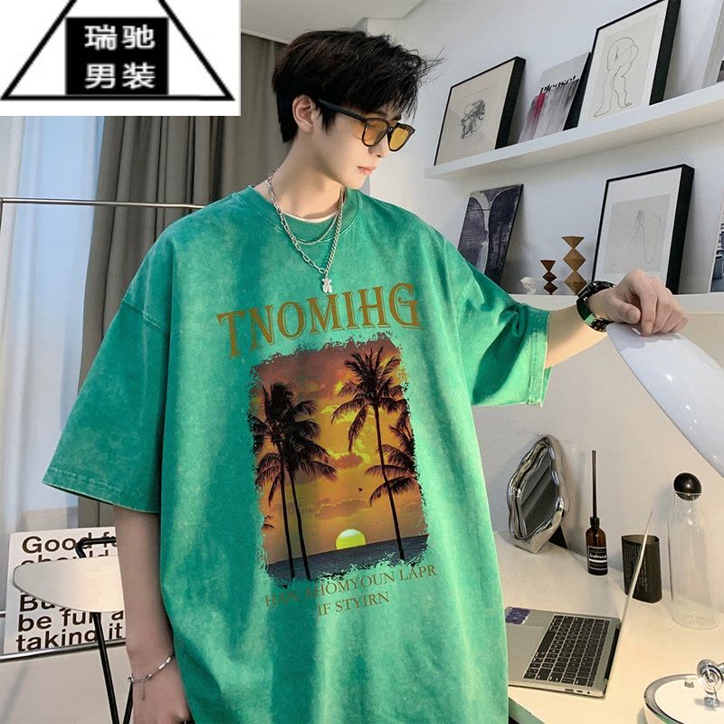 希杰狮王日落山海短袖T恤男款夏季美式复古水洗做旧宽松图片