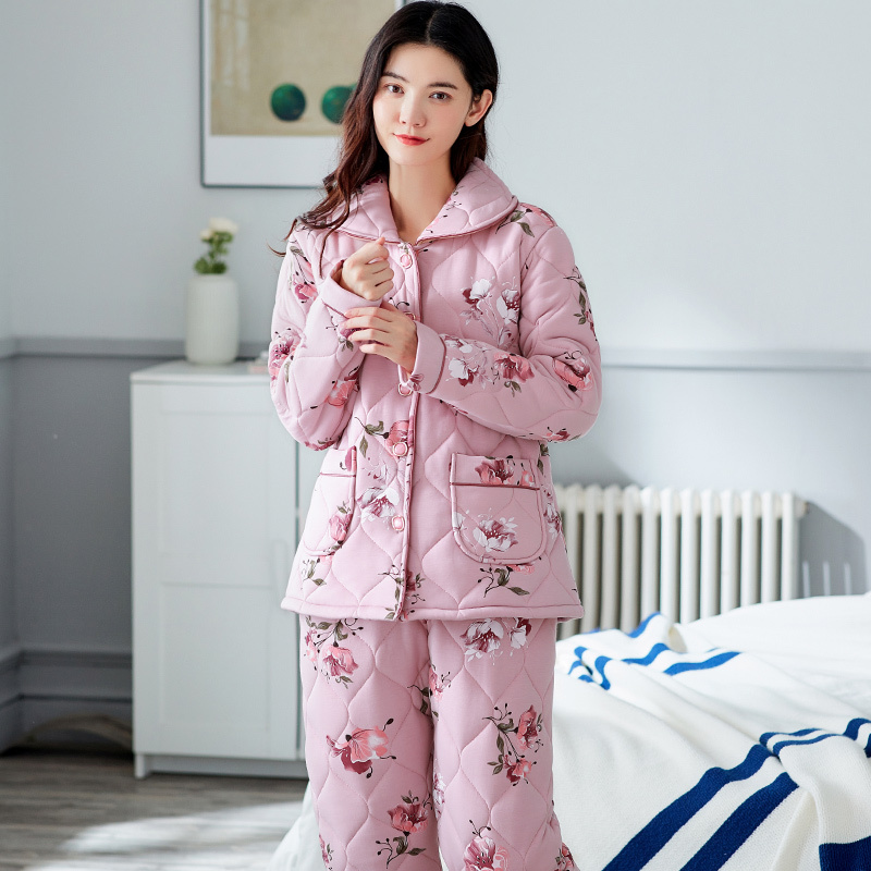 玫薇儿冬季加厚夹棉加肥睡衣女性感胖mm外穿纯棉棉袄家居服宽松棉被