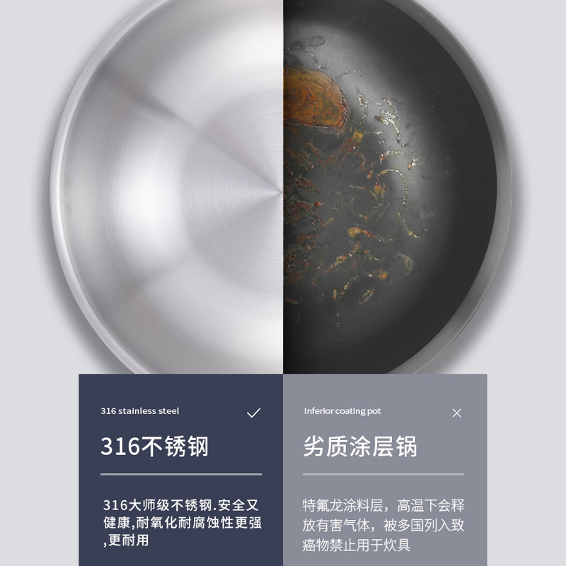 赫巴兹苏宁自营旗舰店 旗舰升级系列纯316不锈钢无涂层不粘锅健康炒锅32cm 炒菜锅电磁炉明火通用