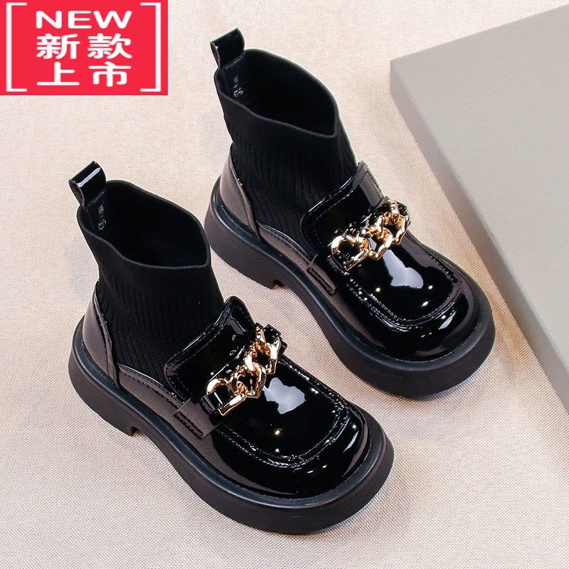 可莉允女童靴子秋冬2022新款儿童短靴加绒小女孩公主皮鞋女宝宝针织袜靴图片