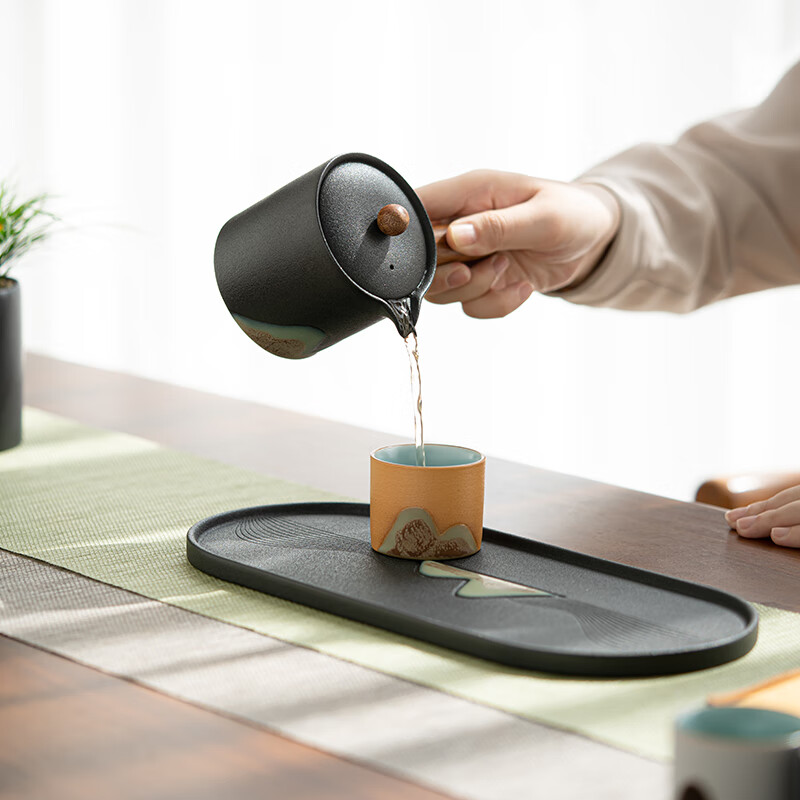 苏氏陶瓷/SUSHI CERAMICS J0923 手绘釉画彩千里江侧把壶干泡盘五色杯 (单位:盒)高清大图