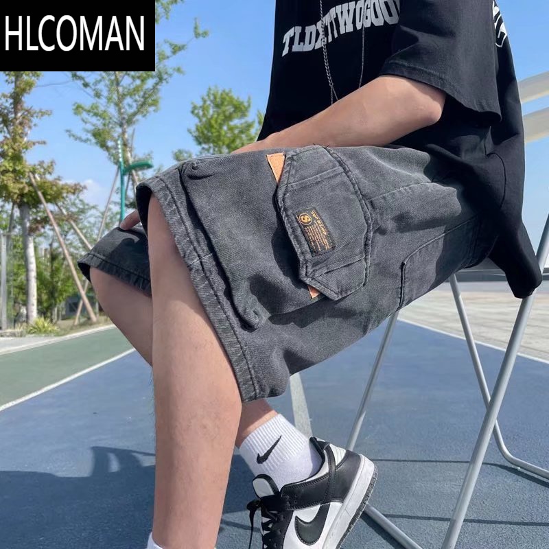 HLCOMAN复古水洗牛仔短裤男夏季潮牌嘻哈宽松五分裤多口袋松紧腰工装中裤高清大图