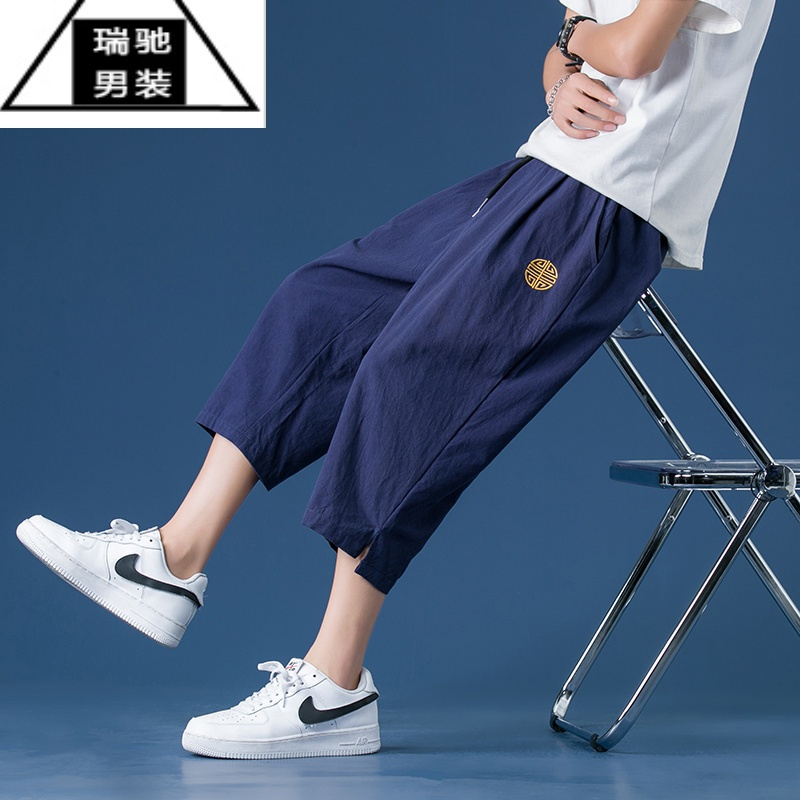 希杰狮王七分裤男夏亚麻男裤短裤青少年运动裤直筒宽松7分裤棉麻休闲