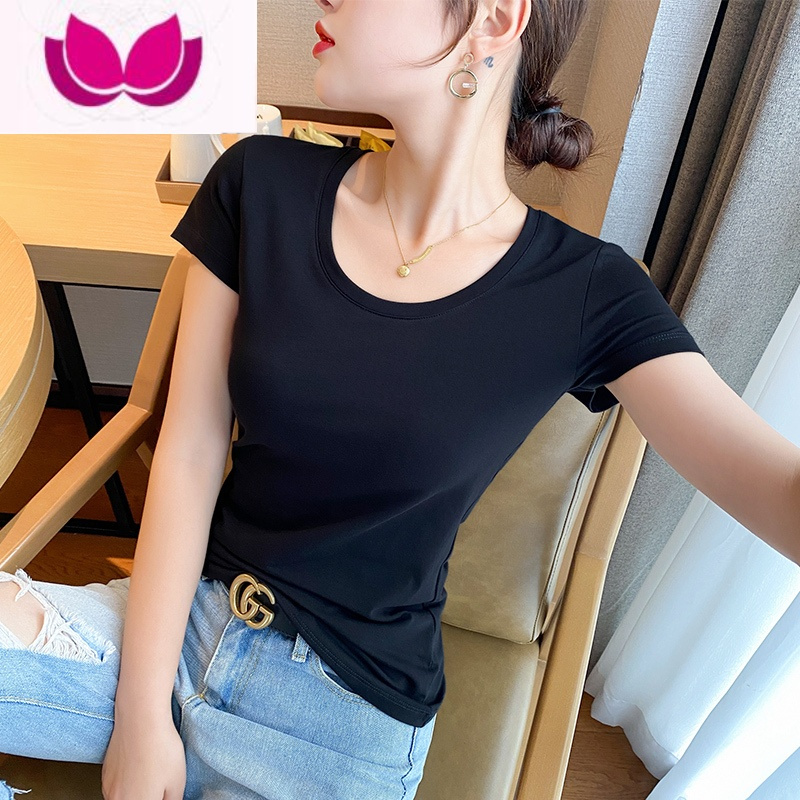 七斓白色短袖t恤女2023年修身半袖体恤黑色打底衫内搭上衣