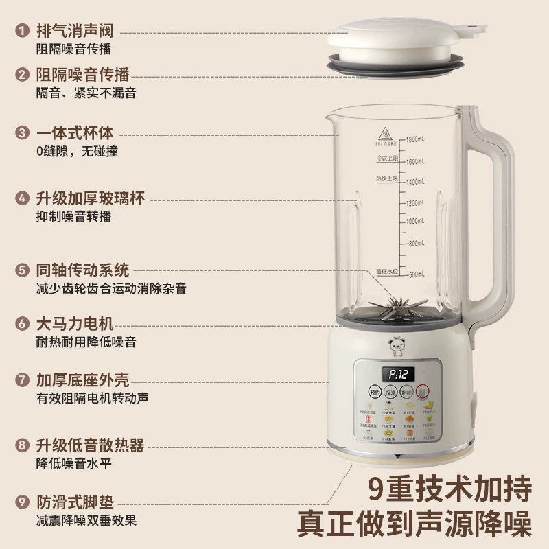 苏宁 粤鹏 小贝熊多功能破壁机豆浆机 单位/台 1800ml+28叶锯齿钢刀 米白色高清大图