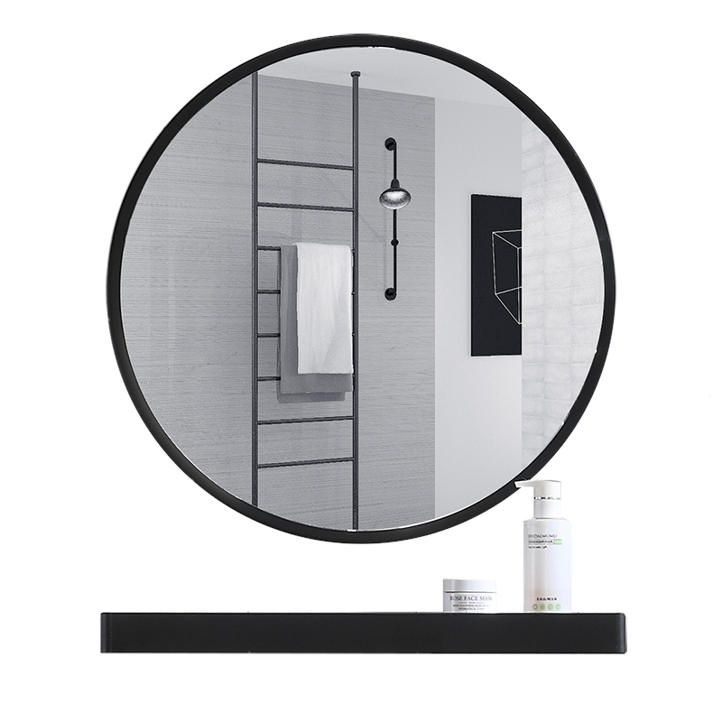 卫生间浴室镜洗手盆镜子带置物架方镜圆形免打孔金色黑色大小尺寸