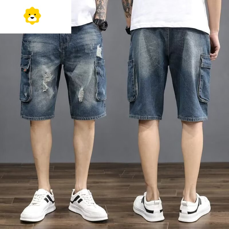 fish basket牛仔短裤男工装五分裤破洞5分裤季新款宽松休闲裤阔腿中裤