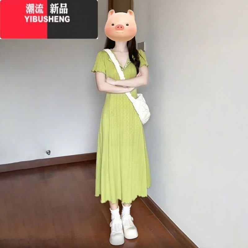 YIBUSHENG茶歇法式气质绿色短袖连衣裙子女季2024新款设计感梨形身材长裙图片