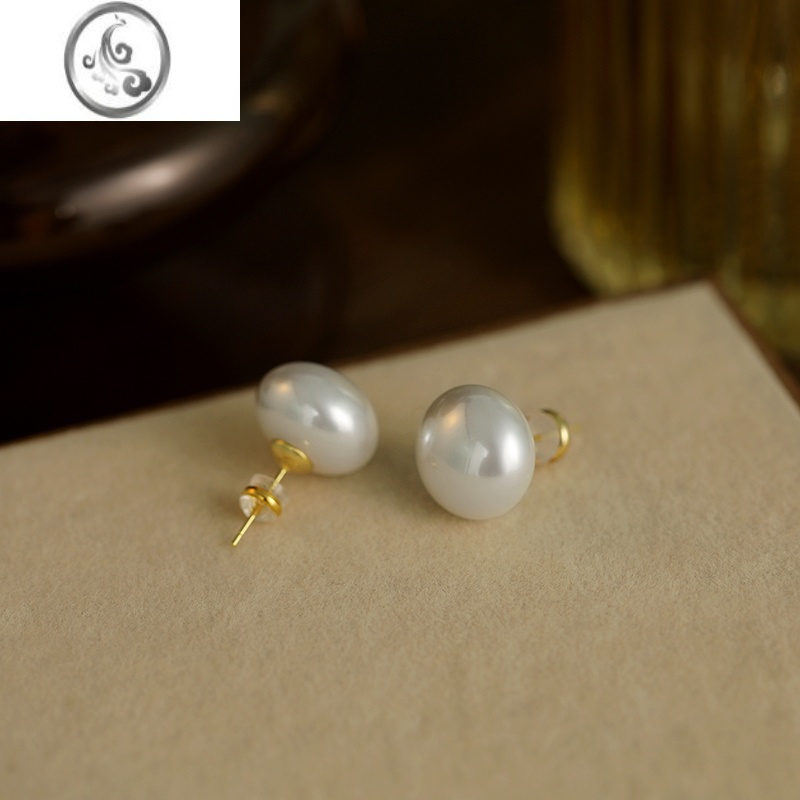 JiMi925银银针大珍珠耳环女气质轻奢高级感耳饰法式扁圆馒头耳钉耳夹