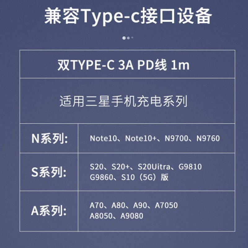 三星(SAMSUNG)原装双type-c充电线note20u/10/s20/S10+/a90/W20数据线快充 黑色