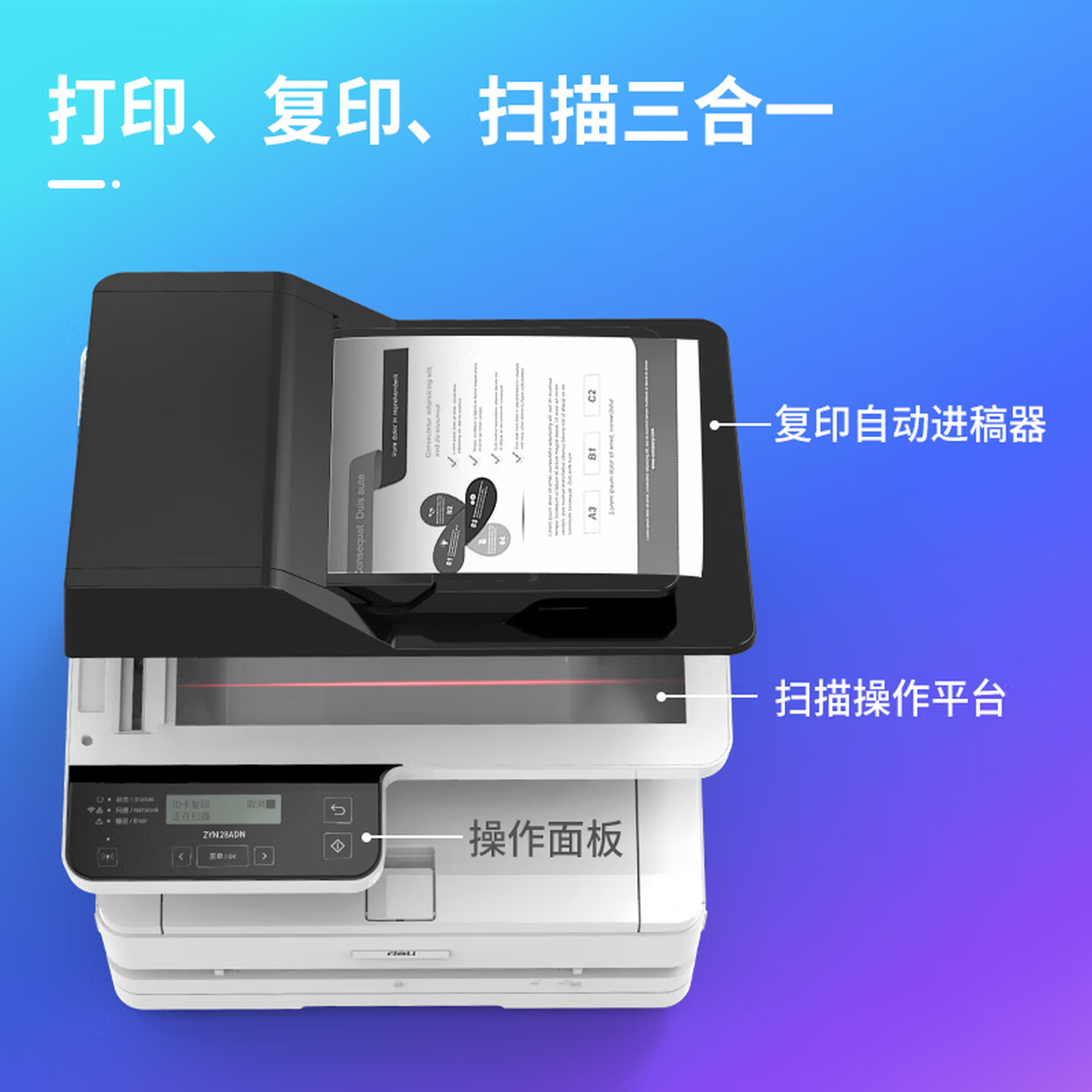 得力(deli)ZYM28ADN激光打印机三合一多功能一体机学习办公复合机支持Windows、UOS、麒麟系统高清大图