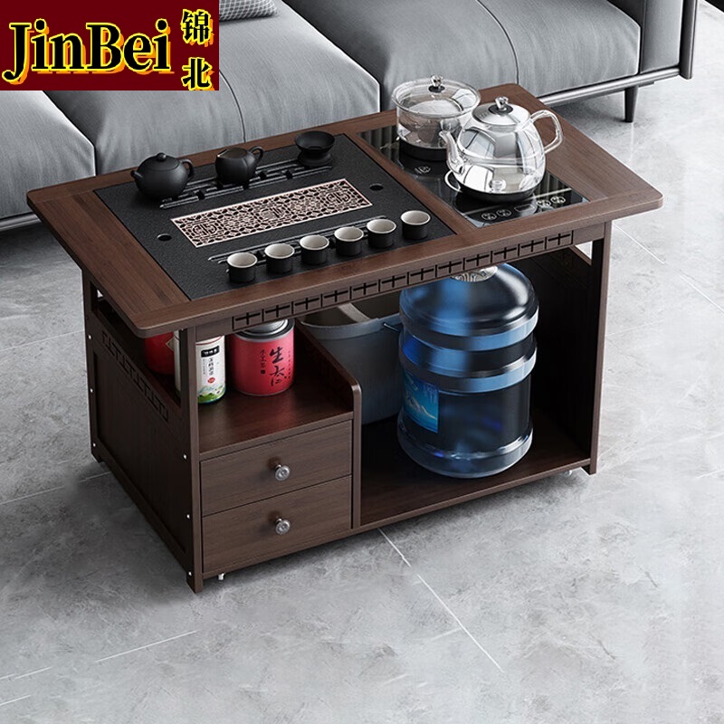 锦北 移动茶台家用竹木小茶桌烧水壶一体简约现代功夫茶几 80长玻璃+黑陶茶具高清大图