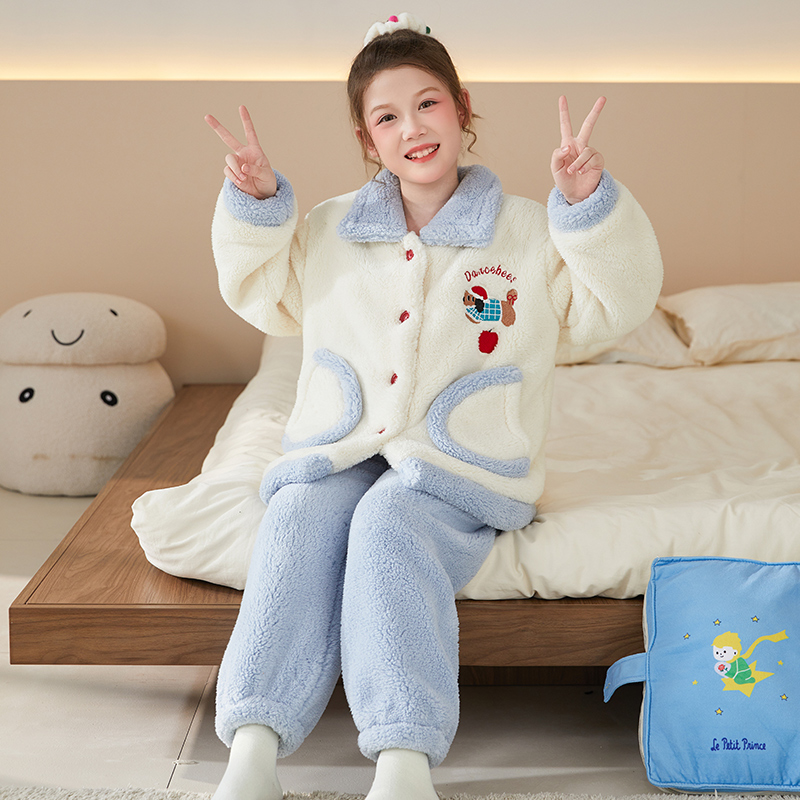 浪莎女童珊瑚绒睡衣儿童2025年新款秋冬加绒加厚中大童家居服套装高清大图