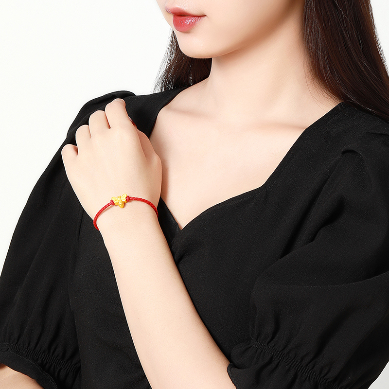 梦金园黄金转运珠手链女足金蜜蜂3d硬金红绳手串手饰定价生日礼物