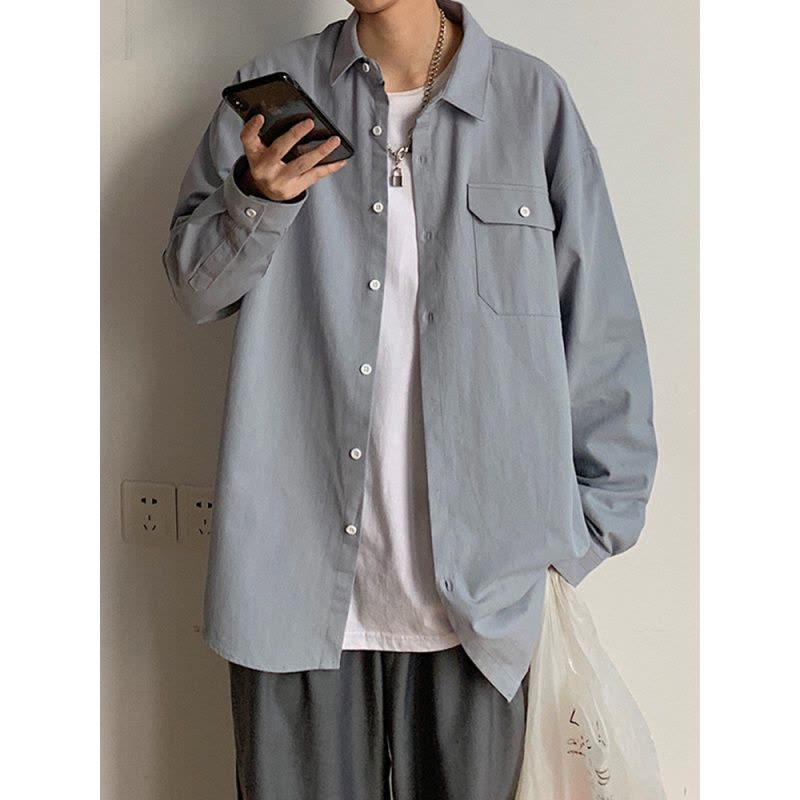 港风文艺男 ins男士长袖衬衫秋季日系宽松纯色衬衣外套潮流韩版莎丞图片