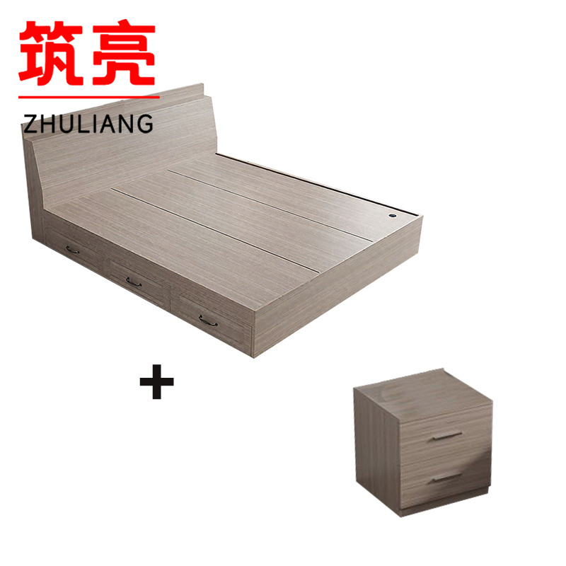 筑亮 板式床 120*200*88cm浅橡木色带抽款+床头柜 套高清大图