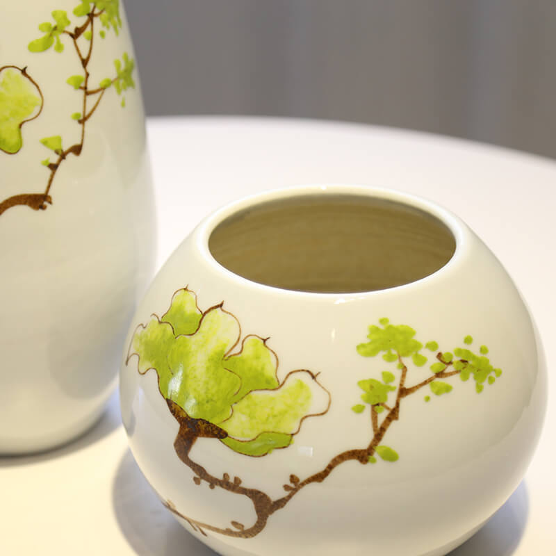新中式创意台面花瓶茶几餐桌台面花器田园花插陶瓷摆件电视柜摆设 三维工匠 绿月季花瓶1套+柳芽柳枝绿色2支高清大图