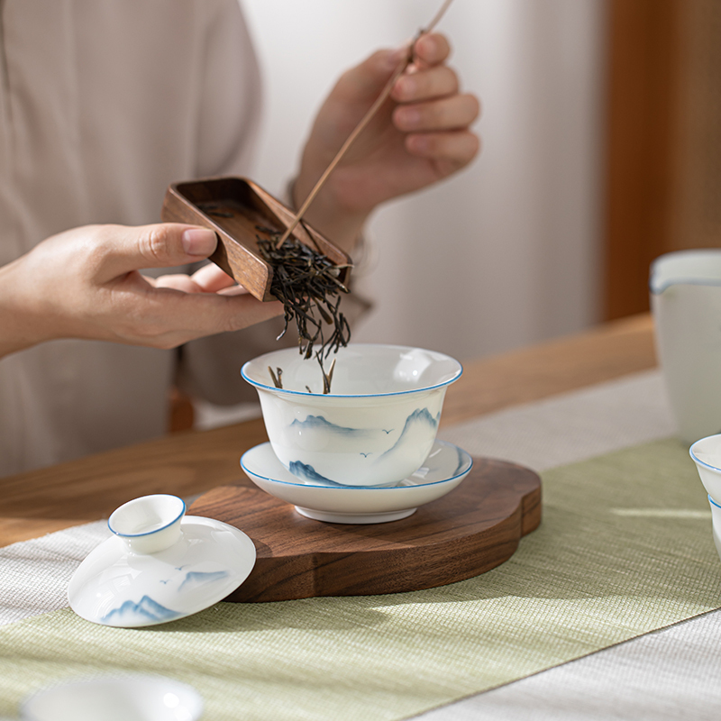 苏氏陶瓷(SUSHI CERAMICS)手绘画江山羊脂玉瓷盖碗套组非遗老师苏爱珍作品