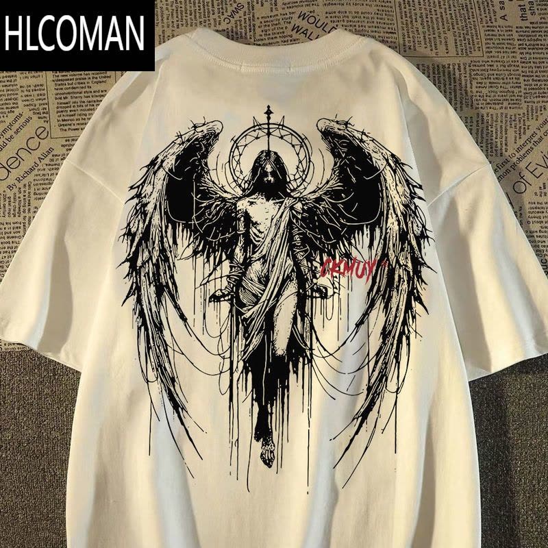 HLCOMAN短袖t恤男女同款夏季宽松港风翅膀天使半袖百搭男装K图片