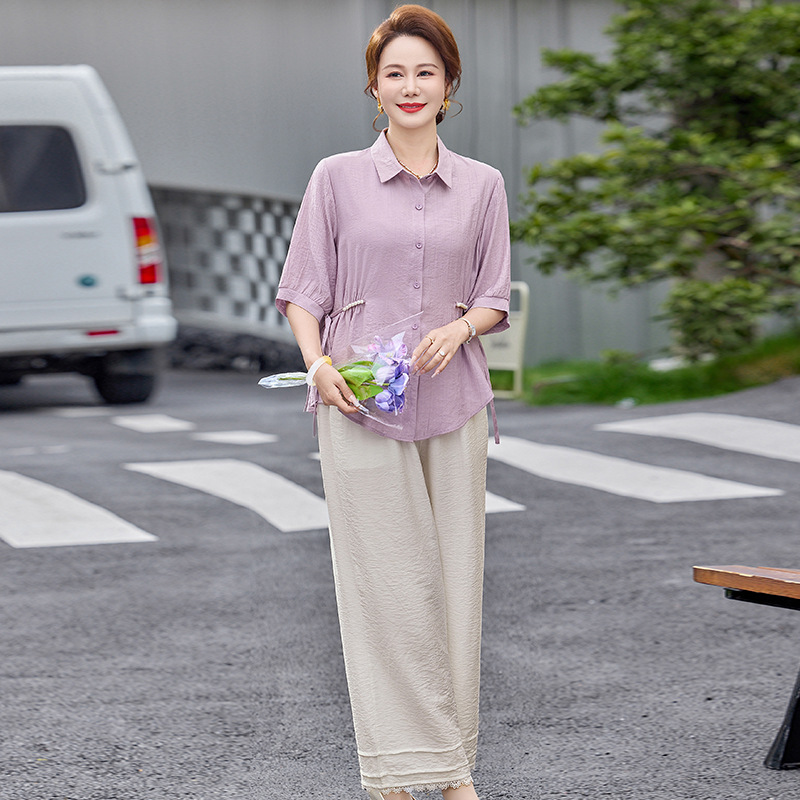 纤孜雅 夏季时尚中年妈妈装衬衫中袖宽松洋气中老年女装夏装休闲气质套装 紫色 XXL