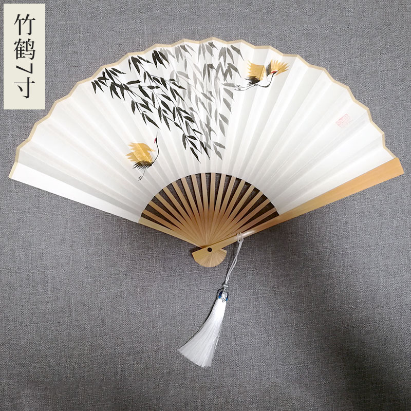 苏州古风仙鹤宣纸折扇团扇送男女朋友礼仙鹤汉服手绘定制刻字 三维工匠 [情侣对扇黑白8寸]九鹤扇子高清大图