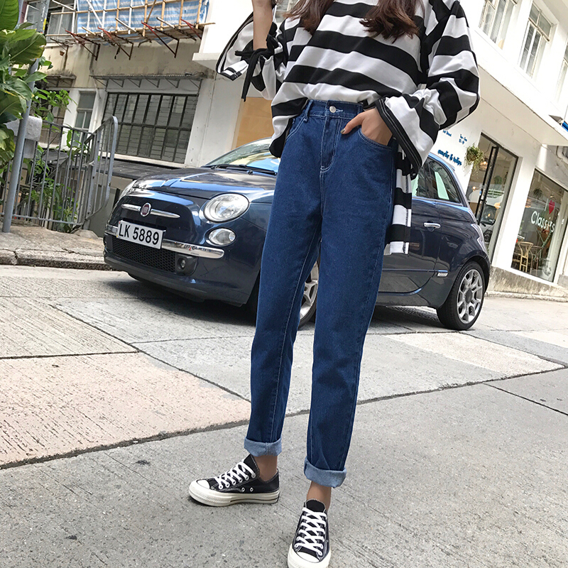 韩国宽松显瘦松紧腰九分牛仔裤女高腰小脚哈伦裤学生长裤