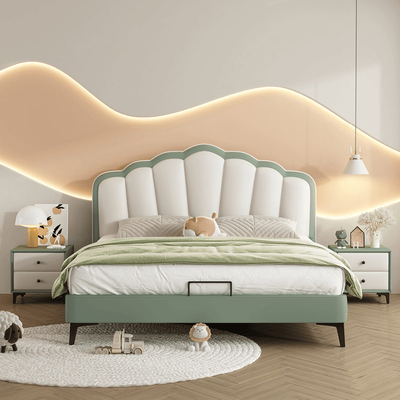 贝壳床小孩软包男孩女孩床粉色轻奢奶油风儿童房公主床高清大图