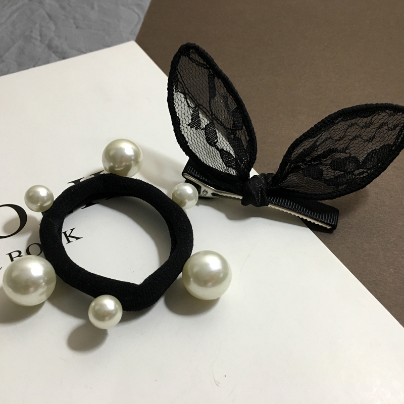 黑色珍珠蕾丝兔耳朵蝴蝶结发夹子卡子蕾丝刘海夹鸭嘴夹边夹顶夹蕾丝夹