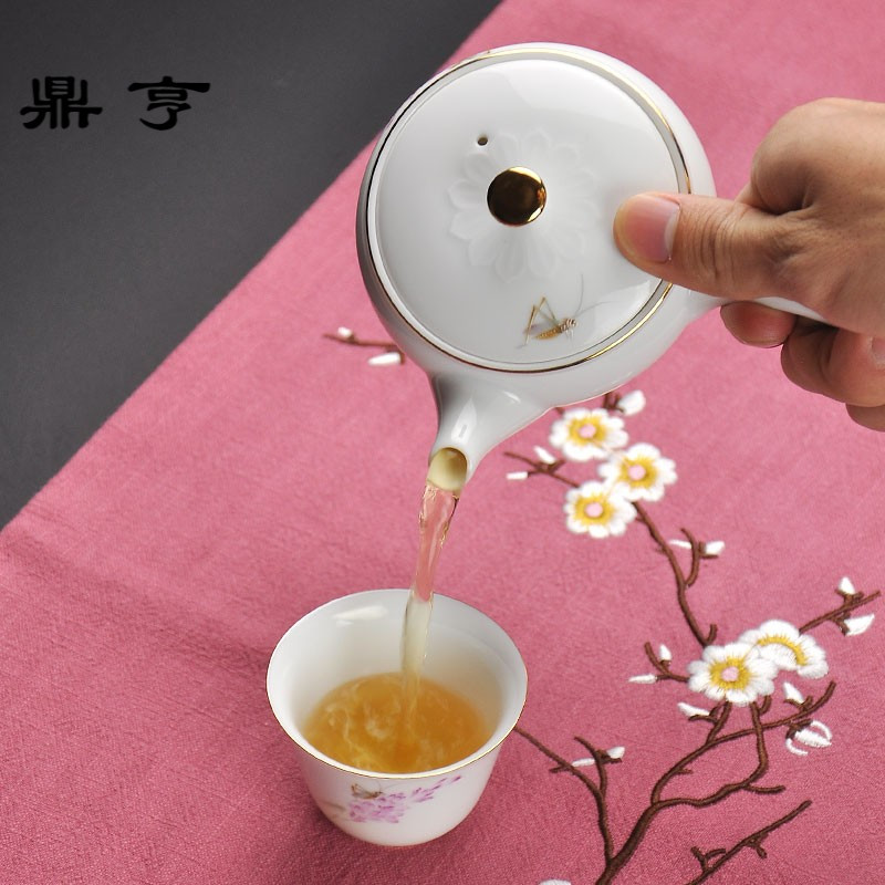 鼎亨秋韵德化白瓷家居田园风浅浮金边侧把壶冲泡茶壶器陶瓷功夫