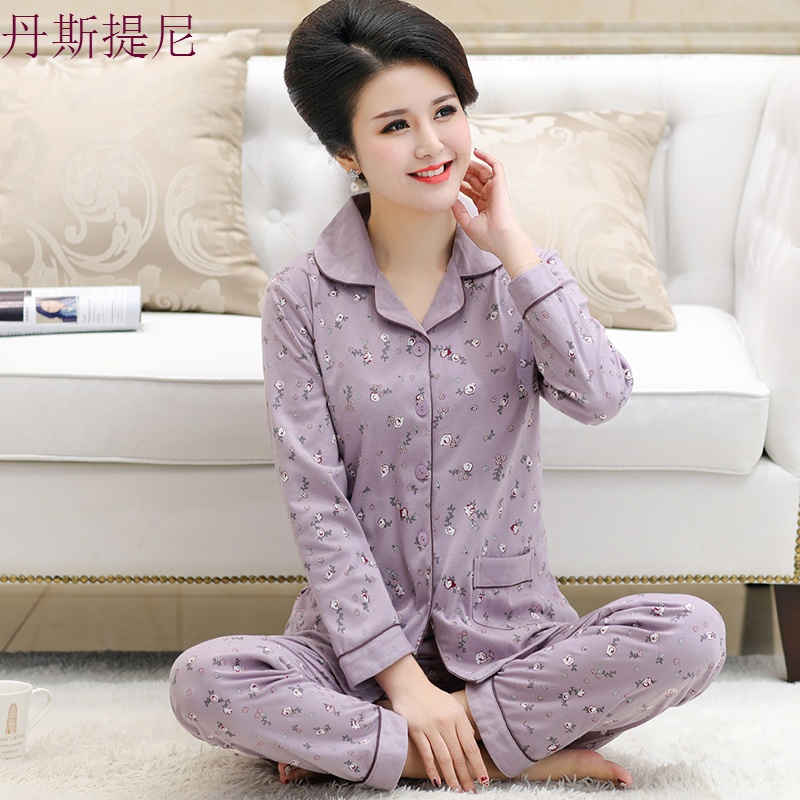 中老年人妈妈款睡衣女长袖婆婆中年纯棉春秋季套装大码老人家居服