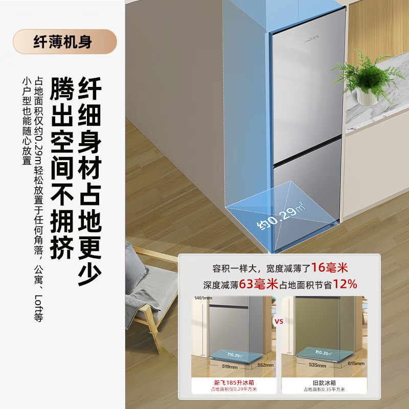 新飞(Frestec)185升家用小型冰箱双开门租房可用独立两门三温高效制冷冰箱BCD-185K2CT 185升高清大图