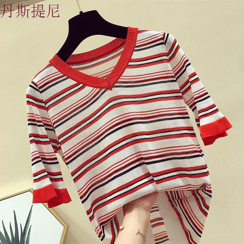 条纹撞色喇叭袖V领针织衫女夏韩版宽松显瘦学生复古五分袖T恤上衣蓝色均码