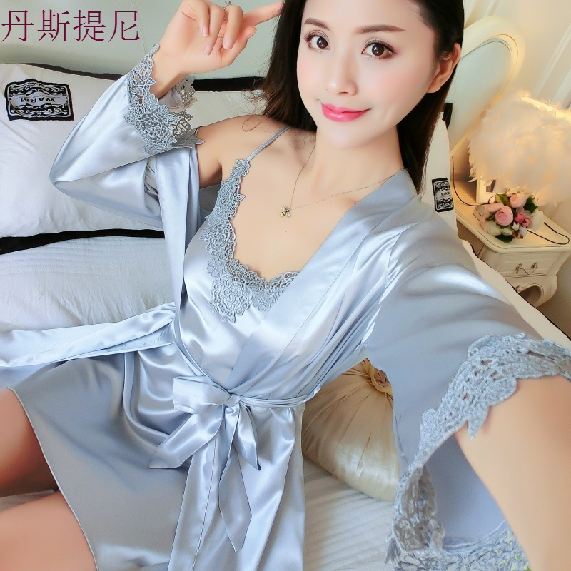 睡裙女春秋韩版长袖甜美可爱睡袍两件套睡衣女夏冰丝绸性感带裙