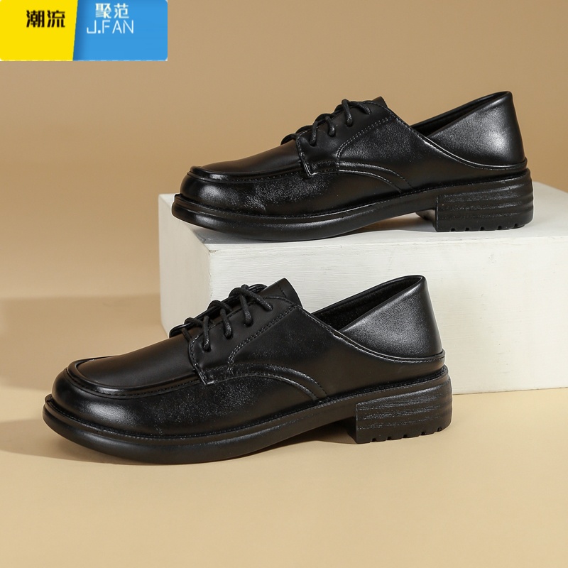 聚范黑色工作小皮鞋女2023新款百搭平底皮面英伦学院风乐福鞋系带单鞋高清大图