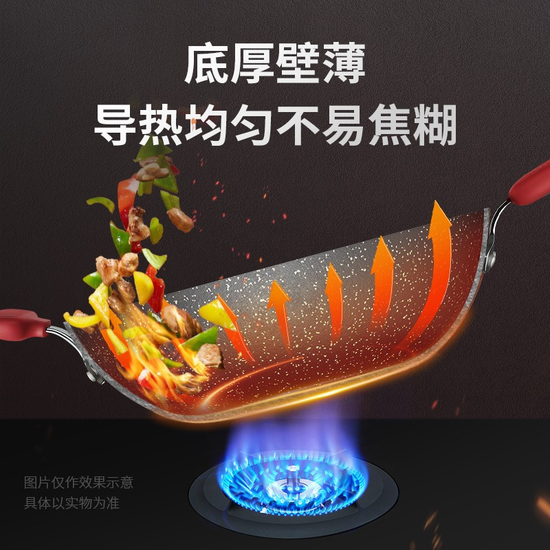 苏泊尔(SUPOR)炒锅不粘锅麦饭石色火红点平底炒菜锅电磁炉燃气灶通用 34cm适合4-6人[有副柄]PC34W8