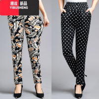 YIBUSHENG季中老年女裤休闲裤女高腰弹力妈妈裤子大码中年女裤长款花裤Y 4XL建议140-160斤 棕色树叶+圆点2条装