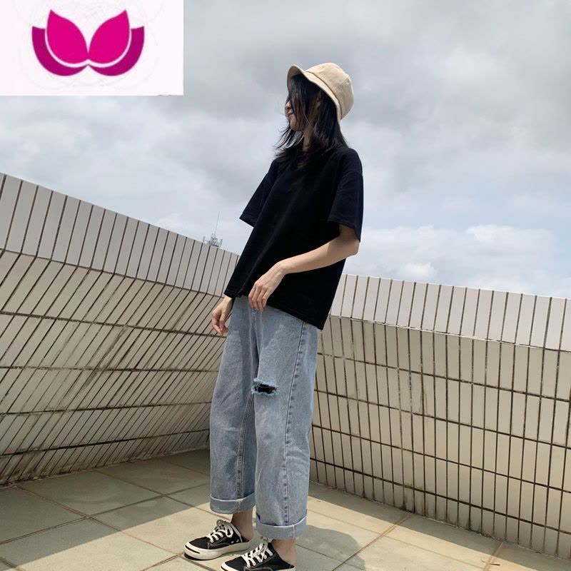 七斓黑色纯色t恤女短袖半袖韩版大码2021夏季宽松白体恤ins打底衫图片