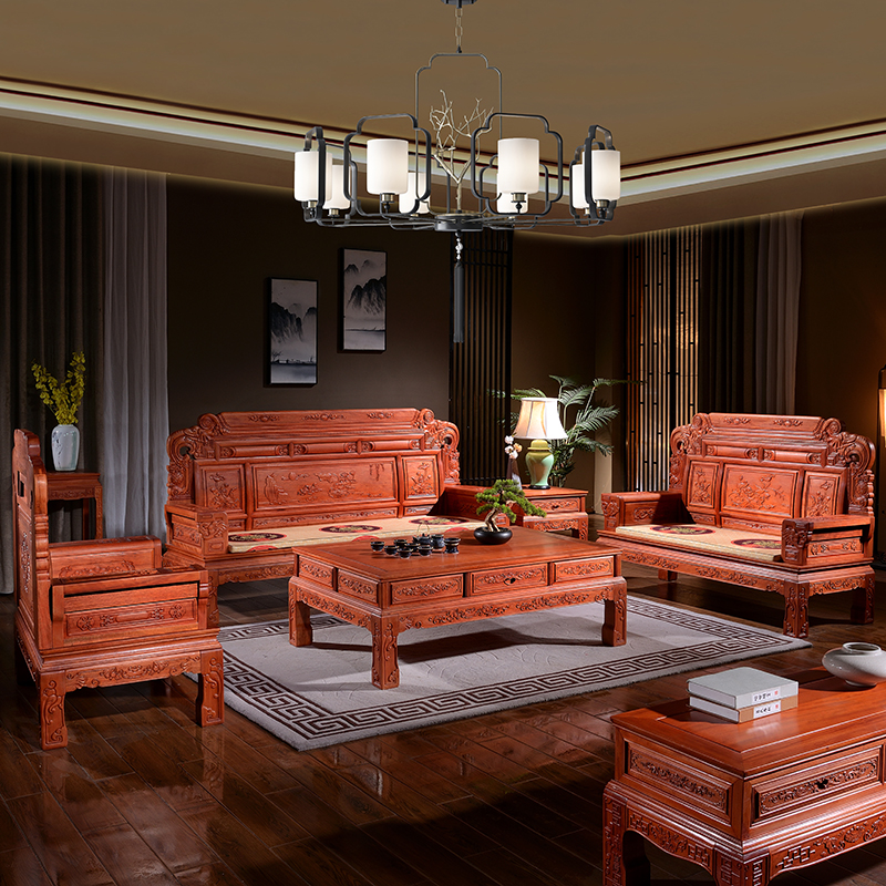 实木沙发新中式明清仿古花红椿木香樟木整装客厅组合红木家具视频