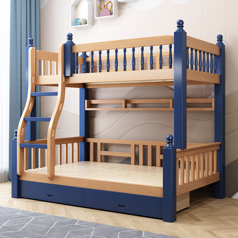 兰秀家居上下床胡桃木实木双人床美式高低上下铺子母床双层儿童床视频