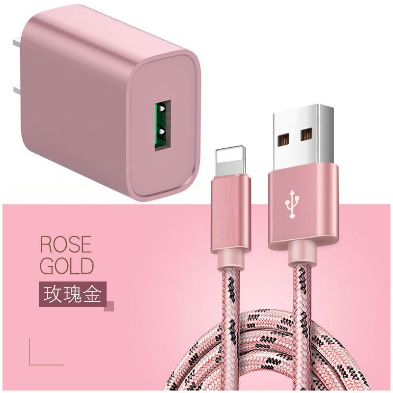 苹果6s数据线2米加长iphonexr/7/8plus快充电器头ipad充电线直插|玫瑰金[充电头+数据线] 3米